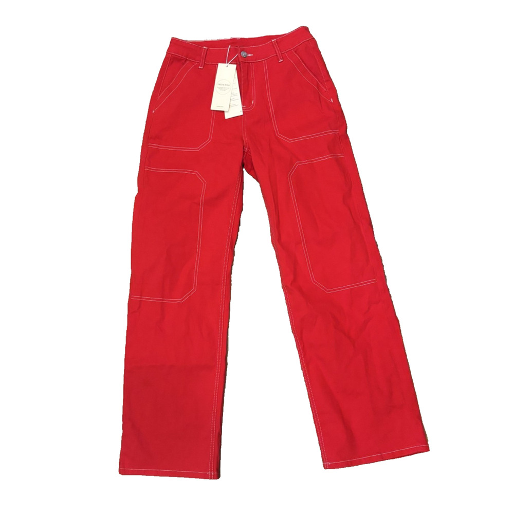 DOKOTOO WOMEN'S RED COTTON ELASTANE PANTS BUTTON ZIP CONTRAST STITCHING SIZE 6